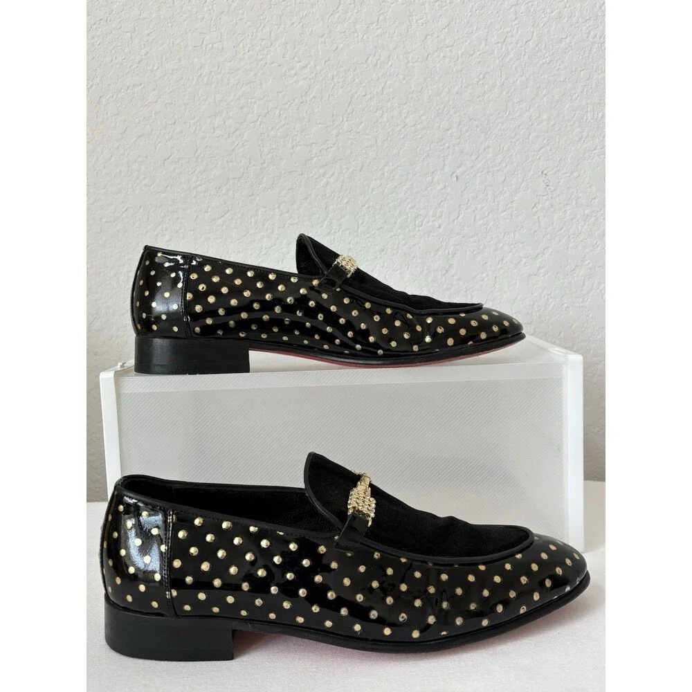 Christian Louboutin Men’s Equiswing EU 40 Loafers Patent Black Velvet Gold Dots